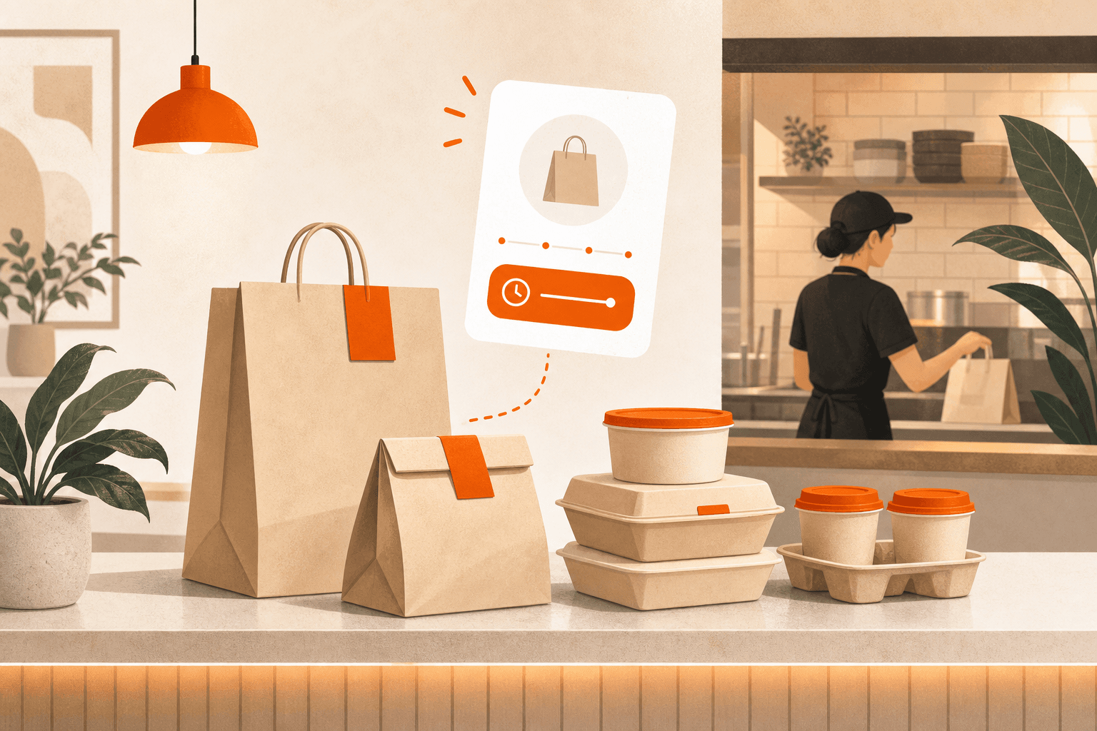 Takeout orders and pickup slots at a restaurant counter