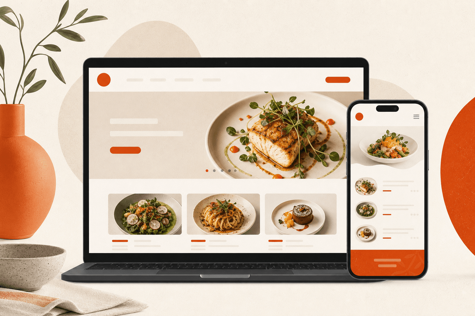 Branded restaurant webpage on laptop and phone